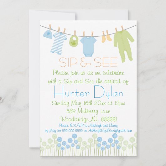 Blue and Green Litthes Sip and See Einladung (Vorderseite)