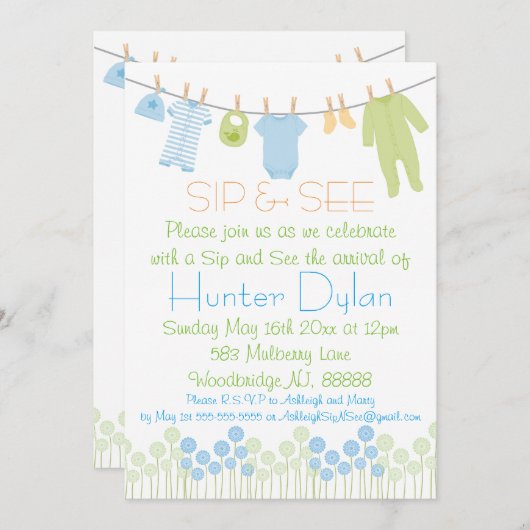 Blue and Green Litthes Sip and See Einladung (Vorne/Hinten)