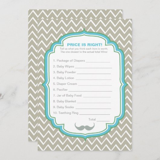 Blue and Green Mustache Price ist die richtige Gam Einladung (Vorne/Hinten)