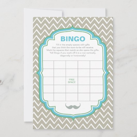 Blue and Green Mustak Baby Shower Bingo Game Card Einladung (Vorderseite)