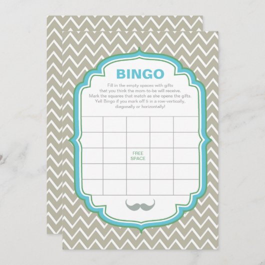 Blue and Green Mustak Baby Shower Bingo Game Card Einladung (Vorne/Hinten)