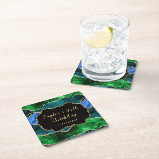 Blue and Green Peacock Agate Birthday Rechteckiger Pappuntersetzer (Vor Ort)