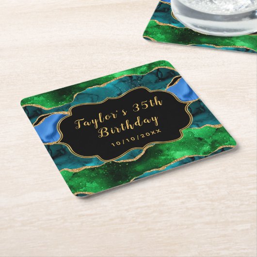 Blue and Green Peacock Agate Birthday Rechteckiger Pappuntersetzer (angewinkelt)