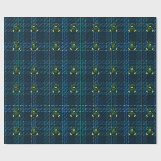 Blue and Green Plaid Teddy Bear Wrapping Paper Geschenkpapier (Flach)