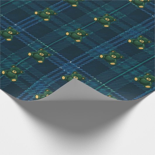 Blue and Green Plaid Teddy Bear Wrapping Paper Geschenkpapier (Ecke)