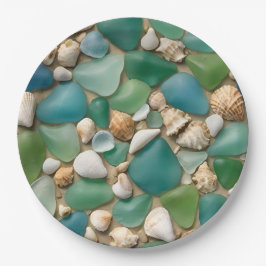 Blue and Green Sea Glass and Seashells Pappteller
