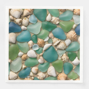 Blue and Green Sea Glass and Seashells Serviette
