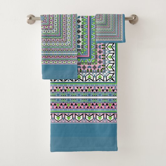 Blue and green square ethnic ornament scarf badhandtuch set (Insitu)