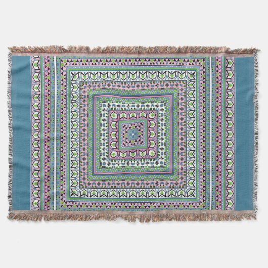 Blue and green square ethnic ornament scarf decke (Vorderseite)