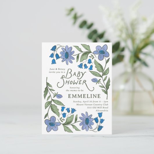 Blue and Green Sweet Country Floral Baby Shower Postkarte (Stehend Vorderseite)
