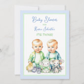 Blue and Green Twin Boys Baby Shower Einladungen (Vorderseite)