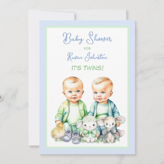 Blue and Green Twin Boys Baby Shower Einladungen (Vorderseite)