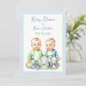 Blue and Green Twin Boys Baby Shower Einladungen (Stehend Vorderseite)