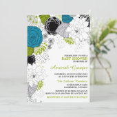 Blue and Green Whimsical Blume Baby Dusche Einladung (Stehend Vorderseite)