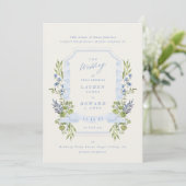 blue and greenery all in one RSVP DETAILS wedding Einladung (Stehend Vorderseite)