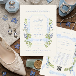 blue and greenery all in one RSVP DETAILS wedding Einladung
