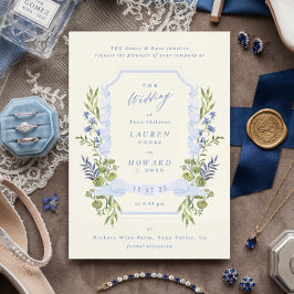 blue and greenery garden crest wreath wedding einladung