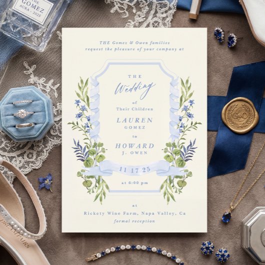 blue and greenery garden crest wreath wedding einladung