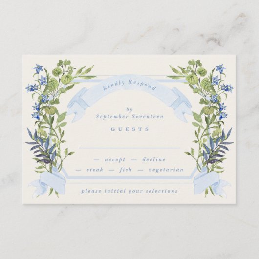 blue and greenery garden crest wreath wedding rsvp einladung (Vorderseite)