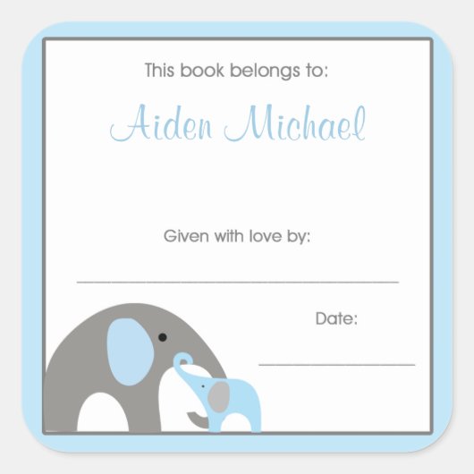 Blue and Grey Elephant Baby Shower Book Plate Quadratischer Aufkleber (Vorderseite)