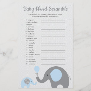 Blue and Grey Elephant Baby Shower Word Scramble Flyer