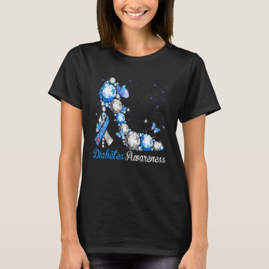 Blue And Grey Ribbon High Heel Diabetes Awareness T-Shirt (Vorderseite)