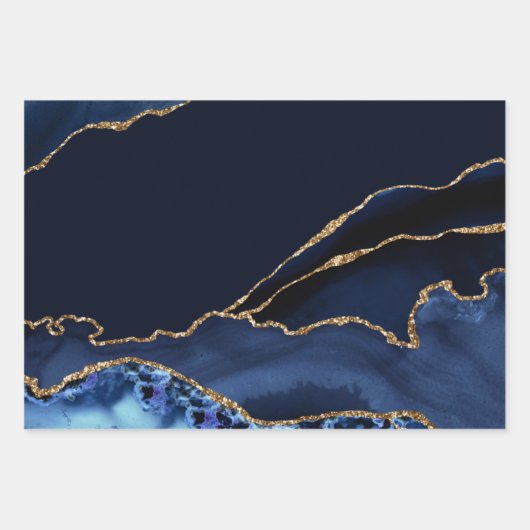 Blue and Imitate Gold Glitzer Marble Agate Geschenkpapier Set (Vorderseite)