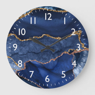 Blue and Imitate Gold Glitzer Marble Agate Große Wanduhr
