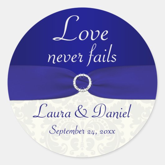 Blue and Ivory Damask 1,5" Round Wedding Sticker (Vorderseite)