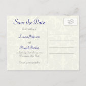 Blue and Ivory Damask Save the Date Postcard Ankündigungspostkarte (Rückseite)