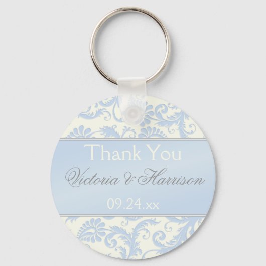 Blue and Ivory Damask Wedding Favor Key Chain Schlüsselanhänger (Vorderseite)