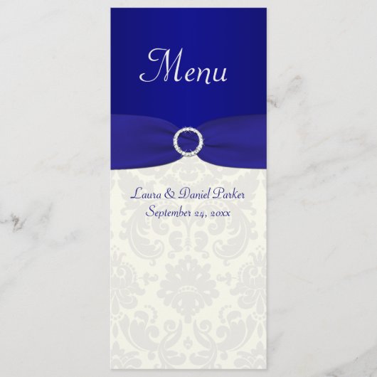 Blue and Ivory Damask Wedding Menu Card Menükarte (Vorderseite)