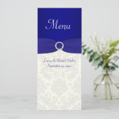 Blue and Ivory Damask Wedding Menu Card Menükarte (Stehend Vorderseite)