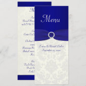 Blue and Ivory Damask Wedding Menu Card Menükarte (Vorne/Hinten)