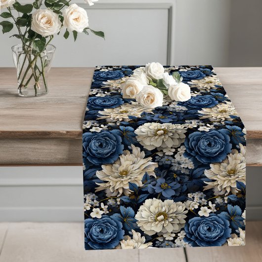 Blue and Ivory Floral Modern Table Runner Großer Tischläufer