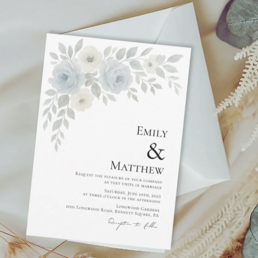 Blue and Ivory Floral Wedding Invitation Einladung