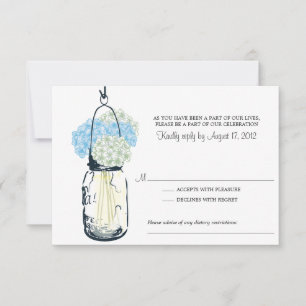 Blue and Ivory Hydrangea & Mason Jar Wedding RSVP Karte