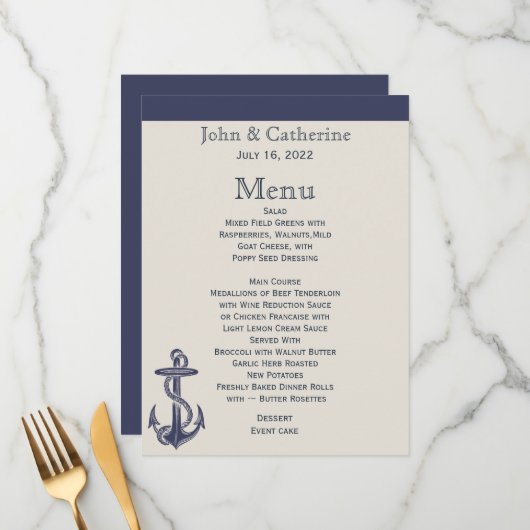Blue and Ivory Nautical Themed Wedding Menu Menükarte (Vorderseite/Rückseite Beispiel)