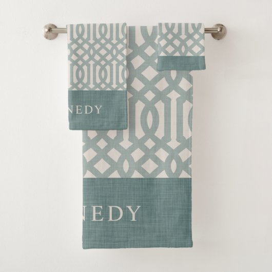 Blue and Ivory Trellis Monogram | Bauernhof Badhandtuch Set (Insitu)