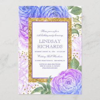 Blue and Lila Floral Gold Confetti Geburtstag Einladung