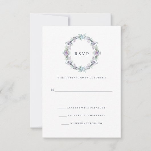 Blue and Lila Floral Wreath Wedding RSVP (Vorderseite)