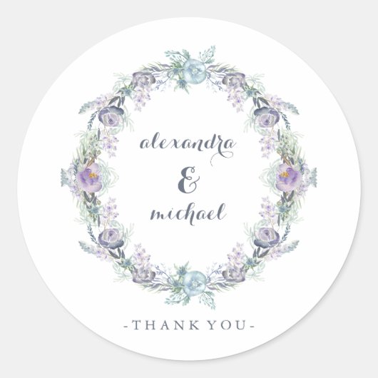 Blue and Lila Floral Wreath Wedding Vielen Dank Runder Aufkleber (Vorderseite)