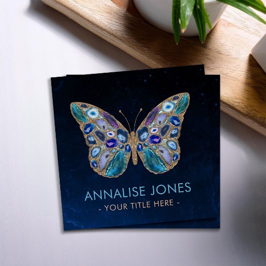 Blue and Lila Geodes Butterfly Square Business C Quadratische Visitenkarte