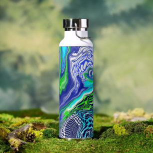 Blue and Lime Green Digital Pour Paint Marble Trinkflasche