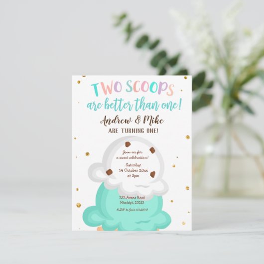 Blue and Mint Twin Ice Creme Einladung (Stehend Vorderseite)