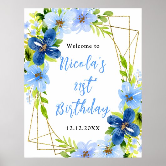Blue and Navy Flowers Birthday Welcome Poster (Vorne)
