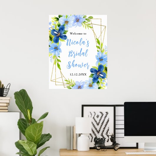 Blue and Navy Flowers Bridal Shower Welcome Poster (Heimbüro)