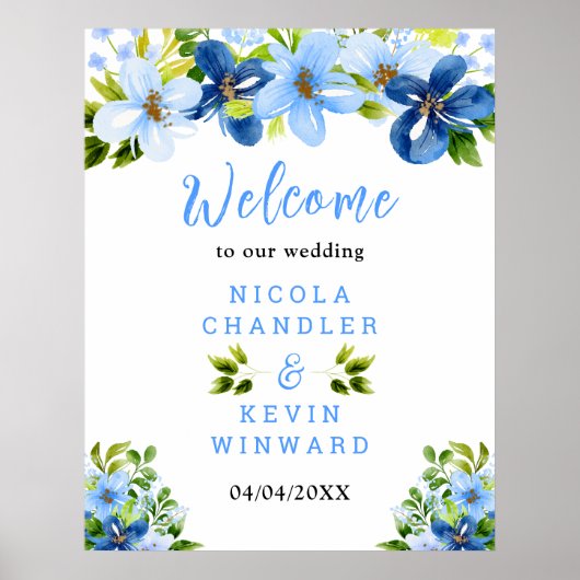 Blue and Navy Flowers Wedding Welcome Sign Poster (Vorne)