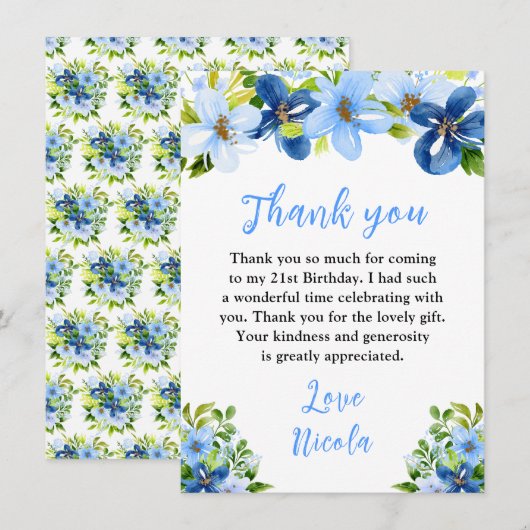 Blue and Navy Flowers with Foliage Birthday Dankeskarte (Vorne/Hinten)