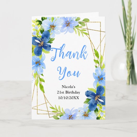 Blue and Navy Flowers with Foliage Birthday Dankeskarte (Vorderseite)